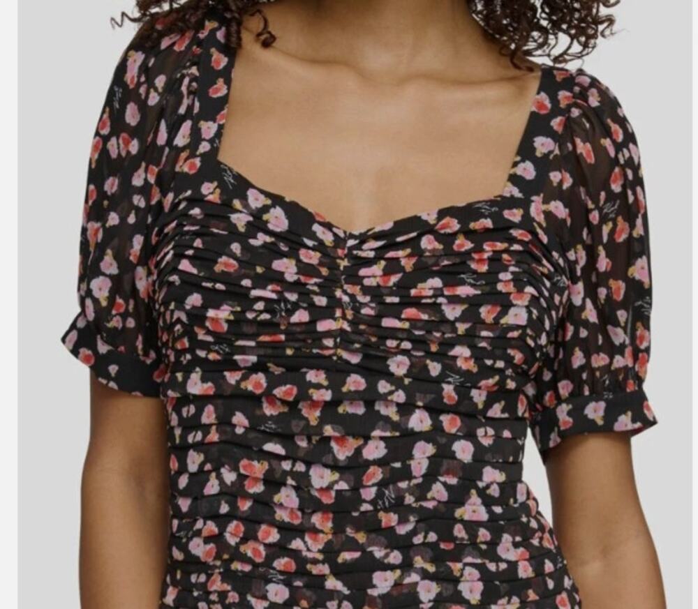 Karl Lagerfeld XL Black Floral Printed Ruched Puff-Sleeve Blouse Top Sweetheart